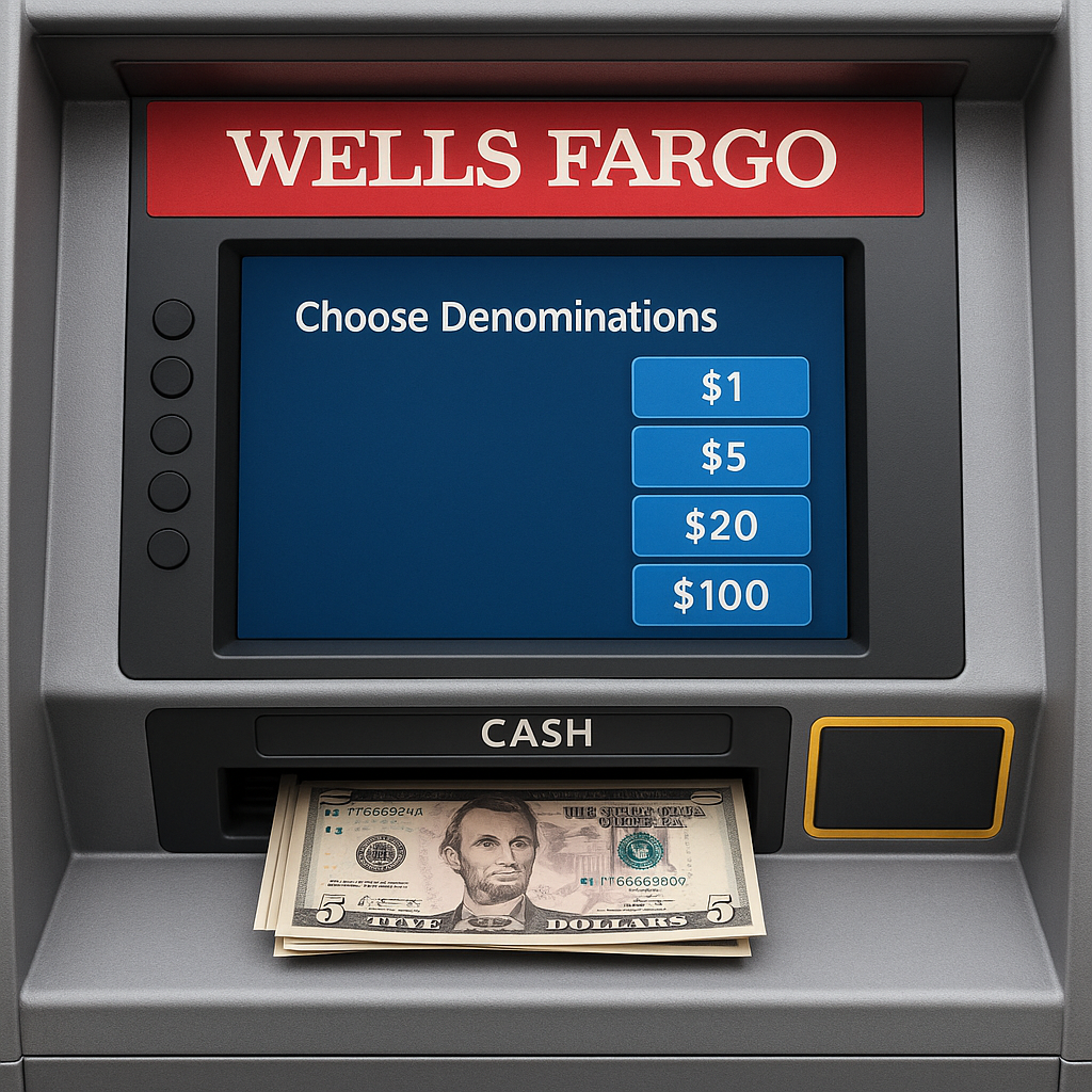 Wells Fargo Smart ATM screen showing $5 denomination option and cash slot dispensing five-dollar bills