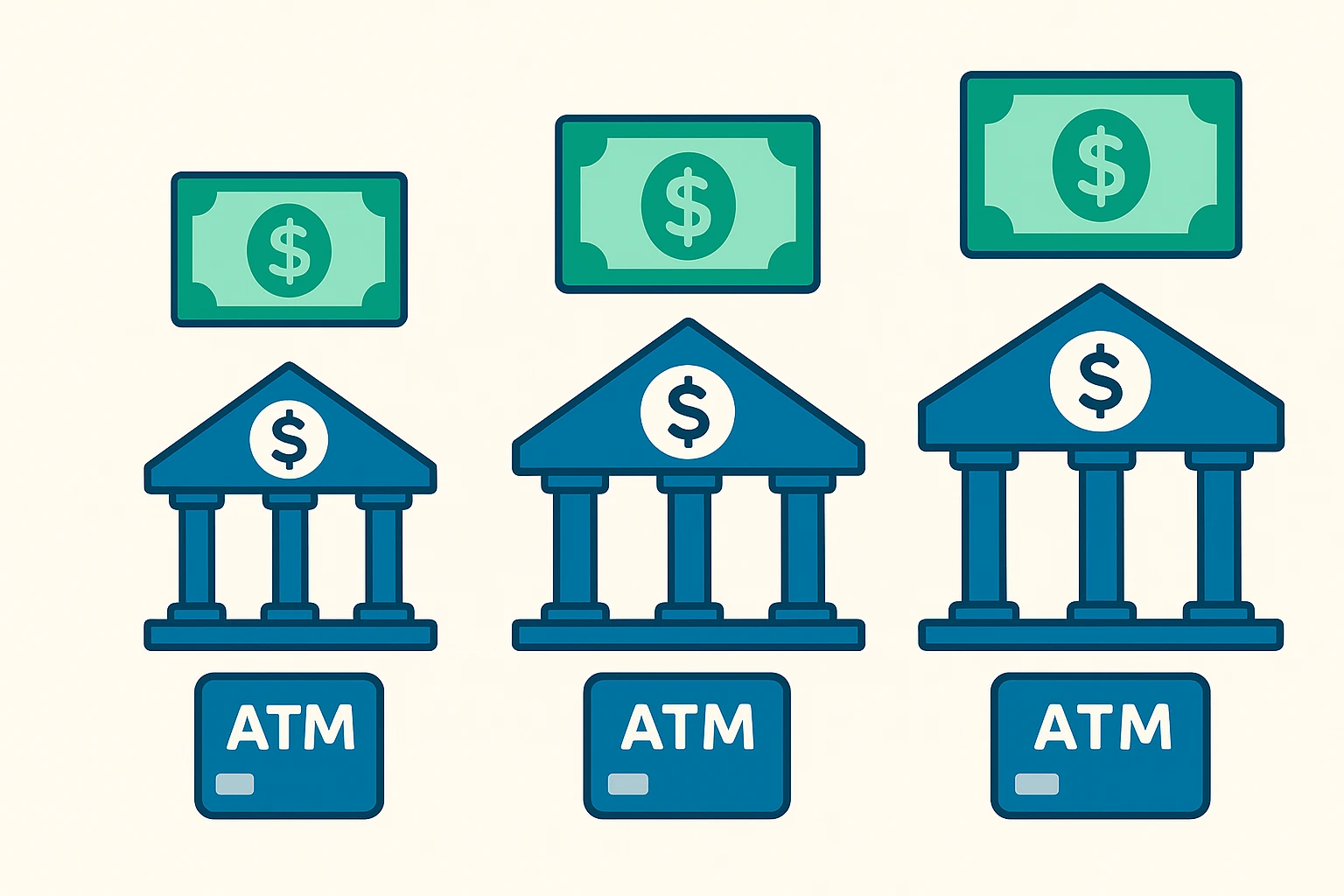 flat illustration comparing atm withdrawal limits across major banks with cash icons and bank cards