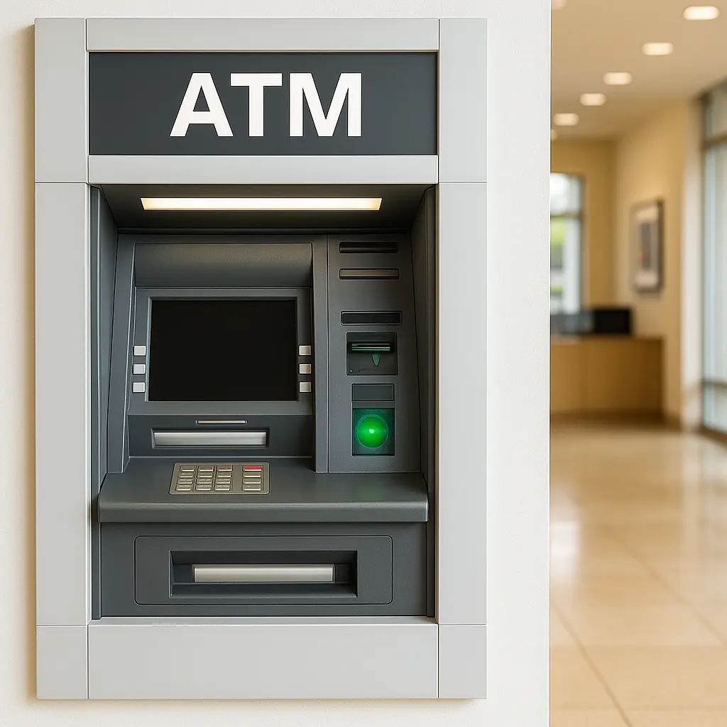 Indoor ATM in a modern bank lobby representing high daily withdrawal limits and secure cash access