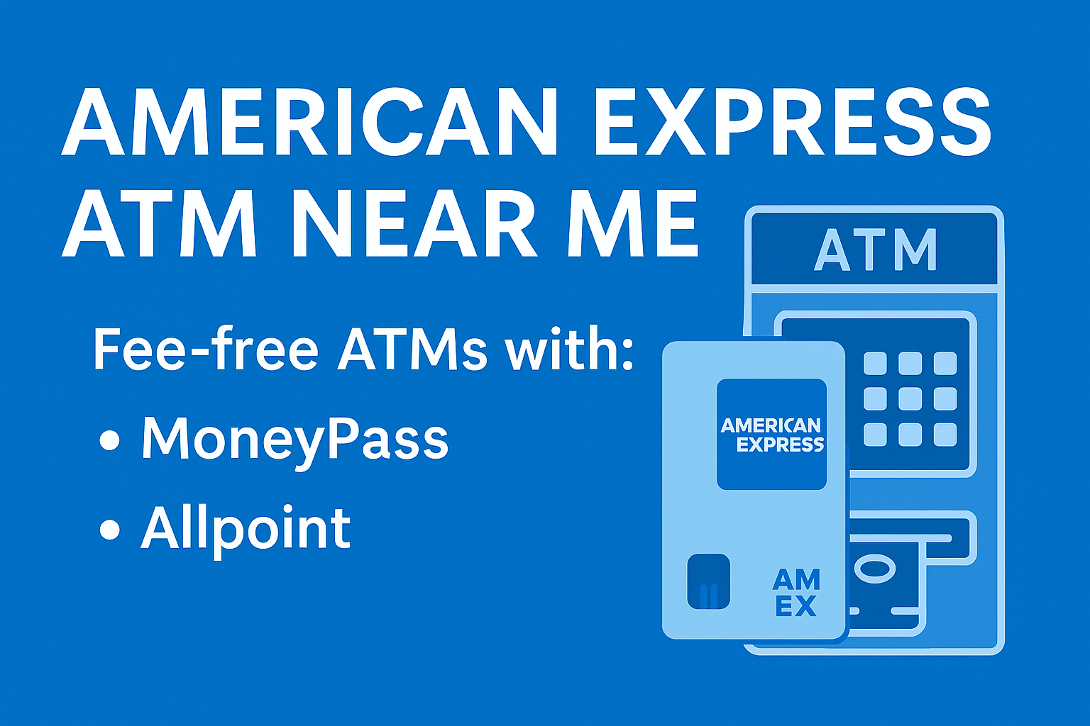 American Express ATM at a modern bank location with blue and white colors, representing fee-free MoneyPass and Allpoint network access