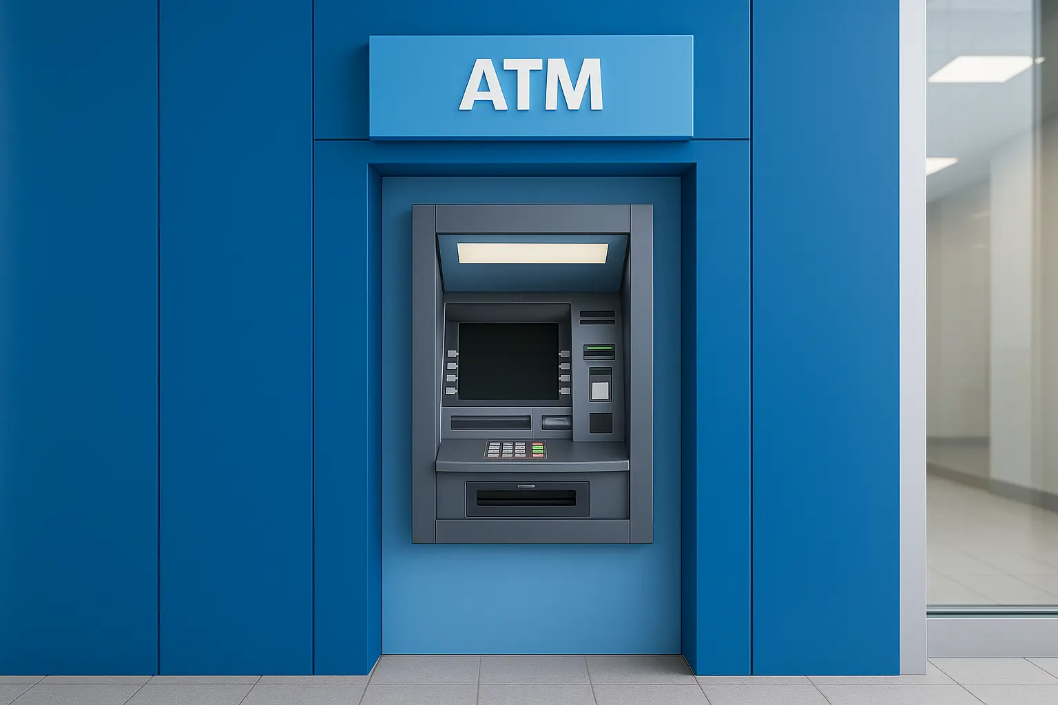 Modern blue and gray ATM built into a clean wall, representing fee-free American Express partner network access