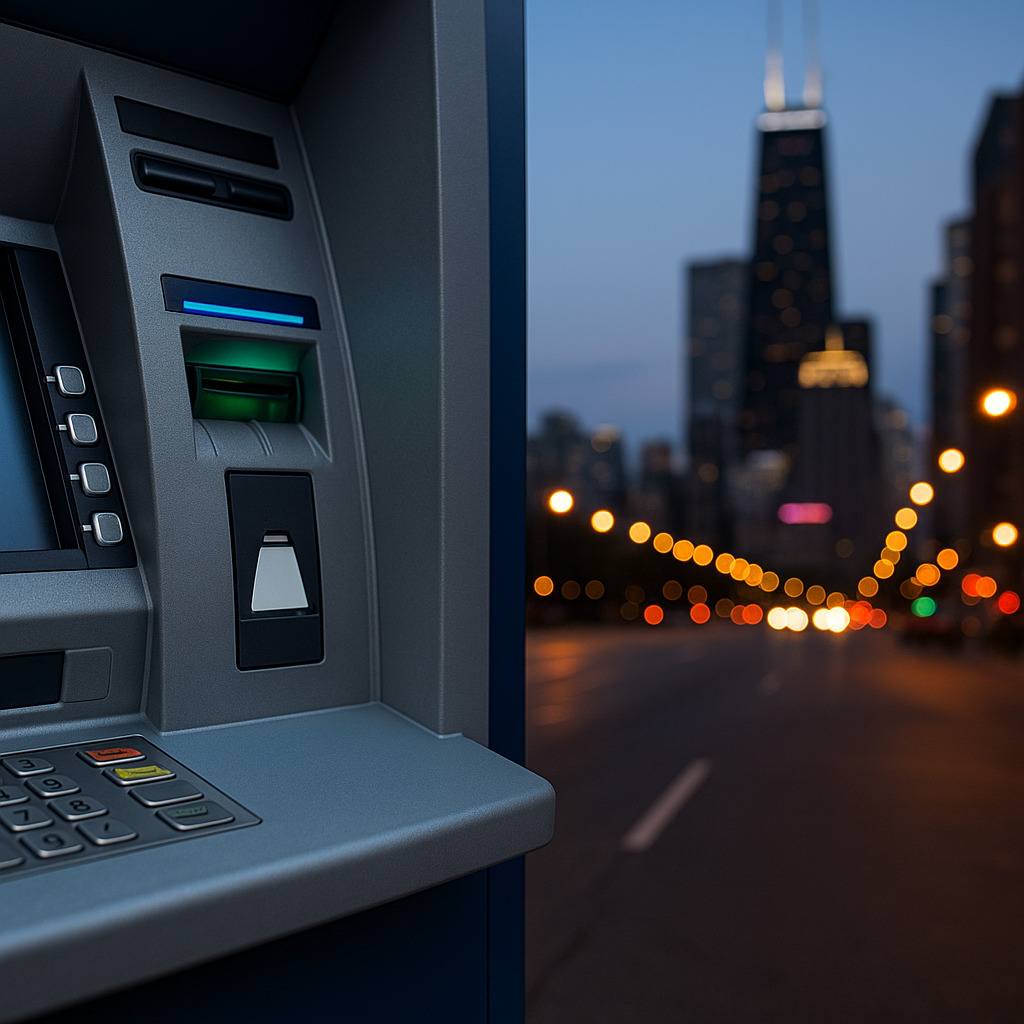 Close-up of a modern ATM keypad and card slot with the Chicago skyline and street lights blurred in the background at dusk