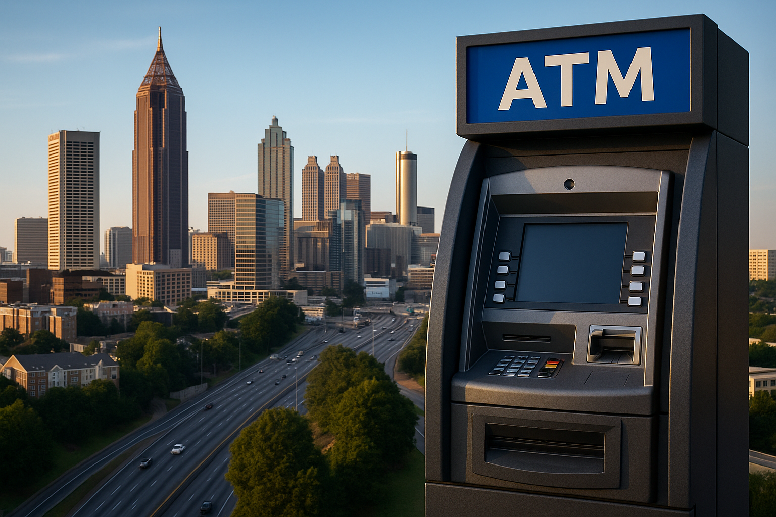 Modern ATM with the Atlanta skyline in the background at sunset, representing fee-free and 24-hour ATM access across the city