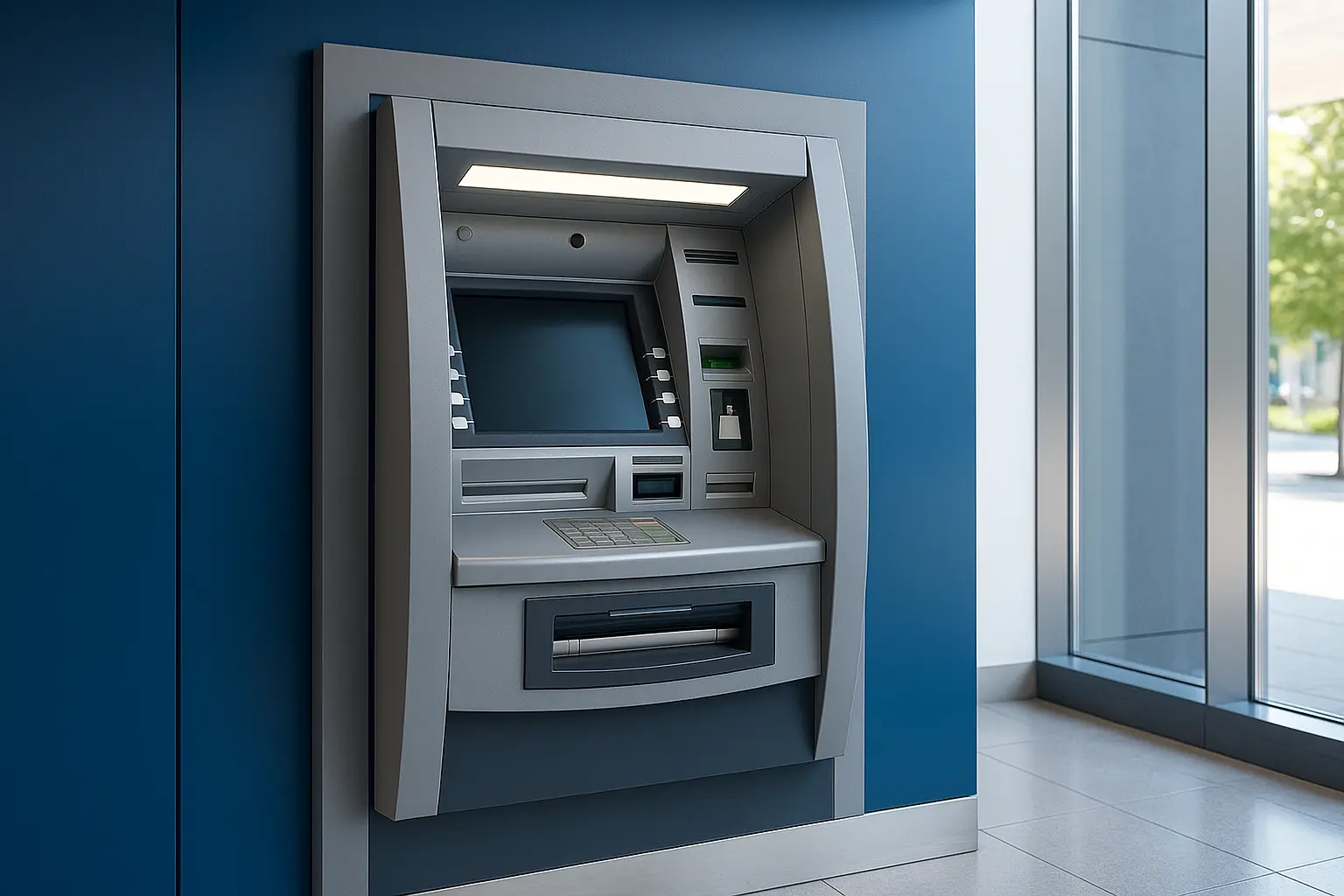 Modern blue and gray ATM inside a clean lobby representing in-network Capital One ATM access