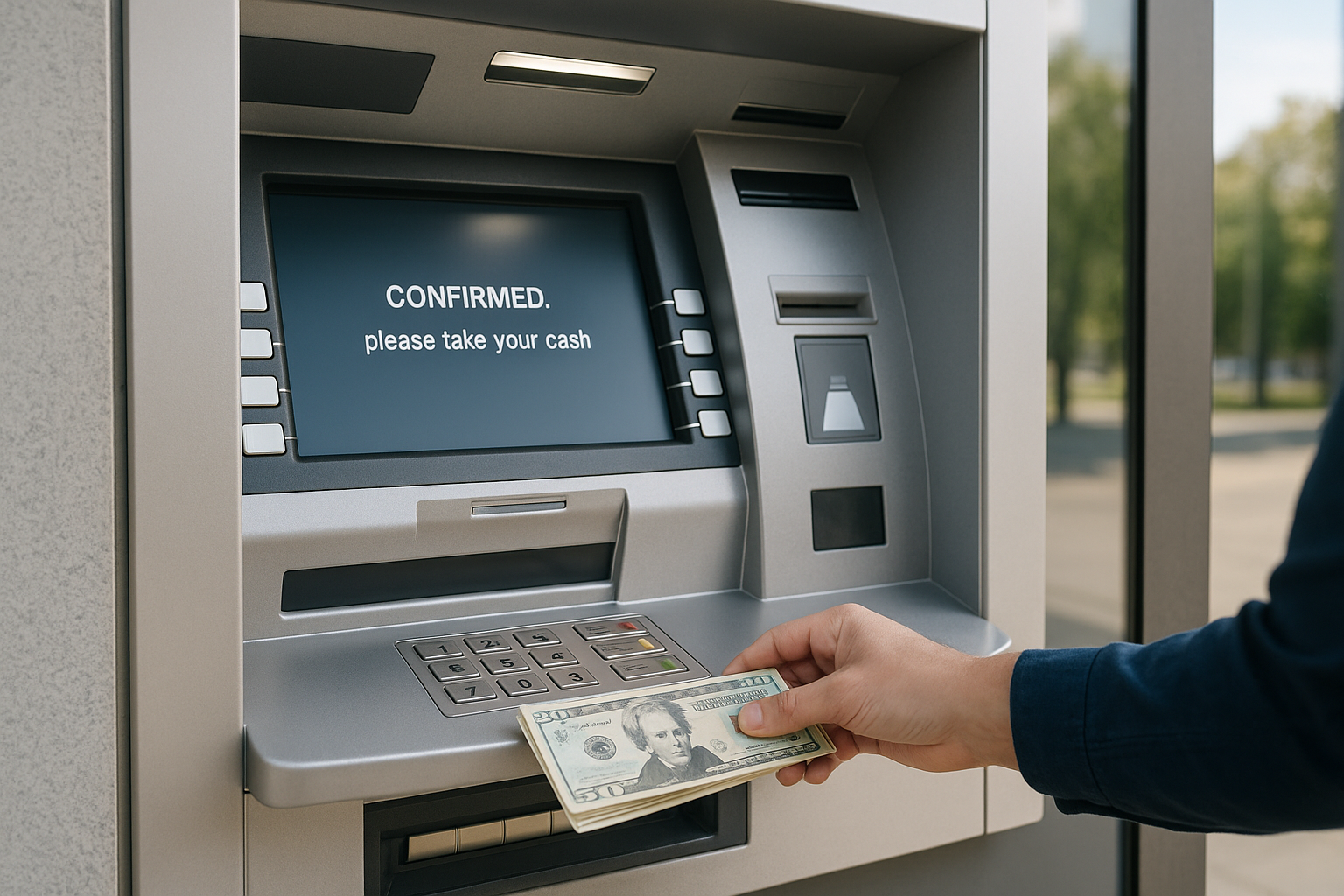Person withdrawing cash from a clean, modern ATM in daylight with no visible fee notice on screen