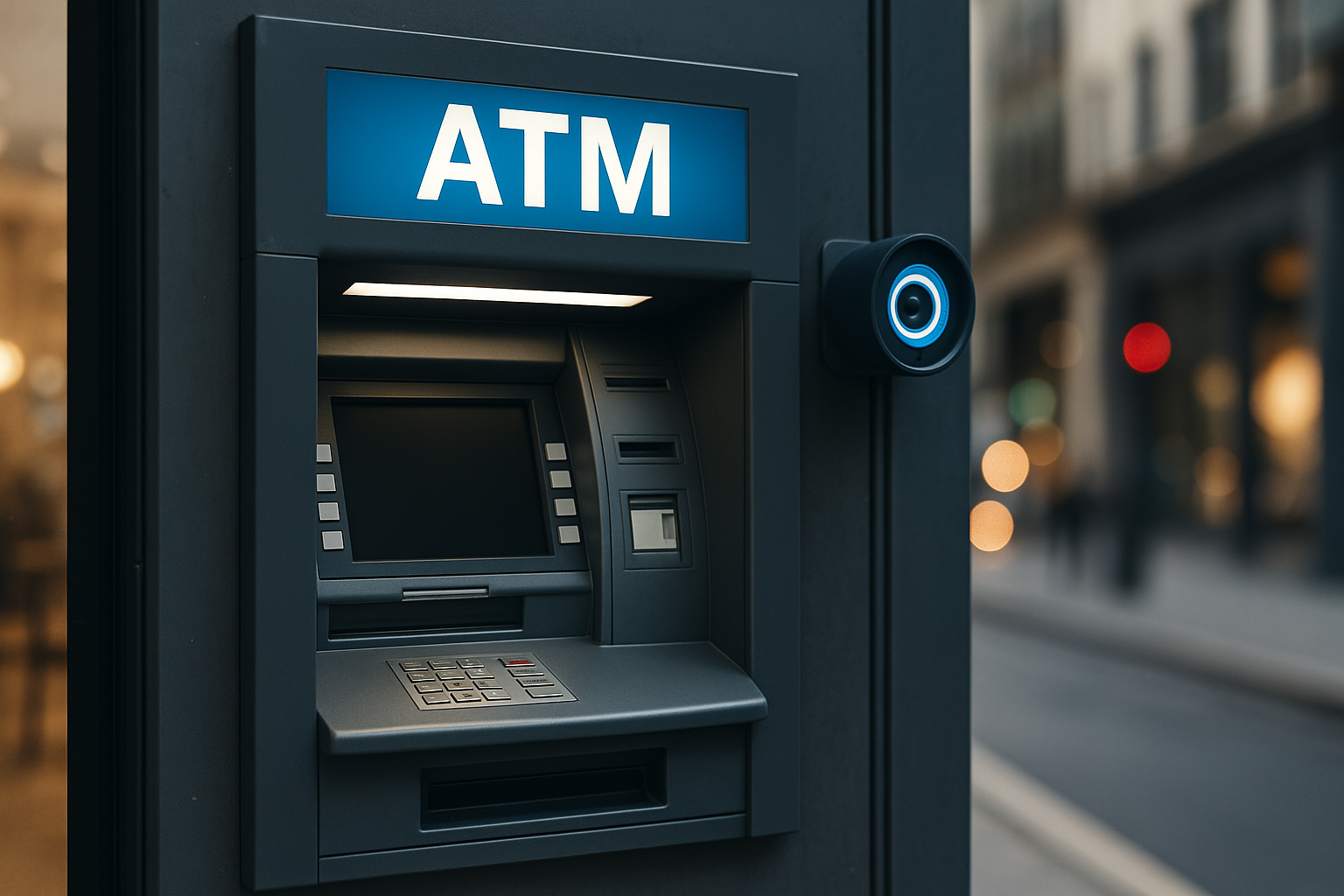 Brightly lit modern ATM next to a bank wall with a visible security camera in a safe public location