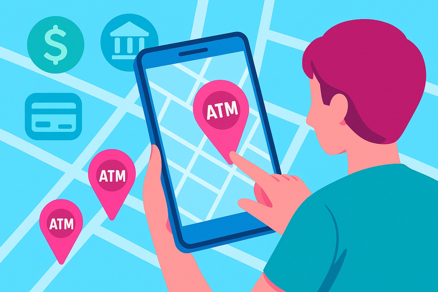 flat illustration of a person using a smartphone to find nearby fee-free, cardless, and high-limit ATMs on a map
