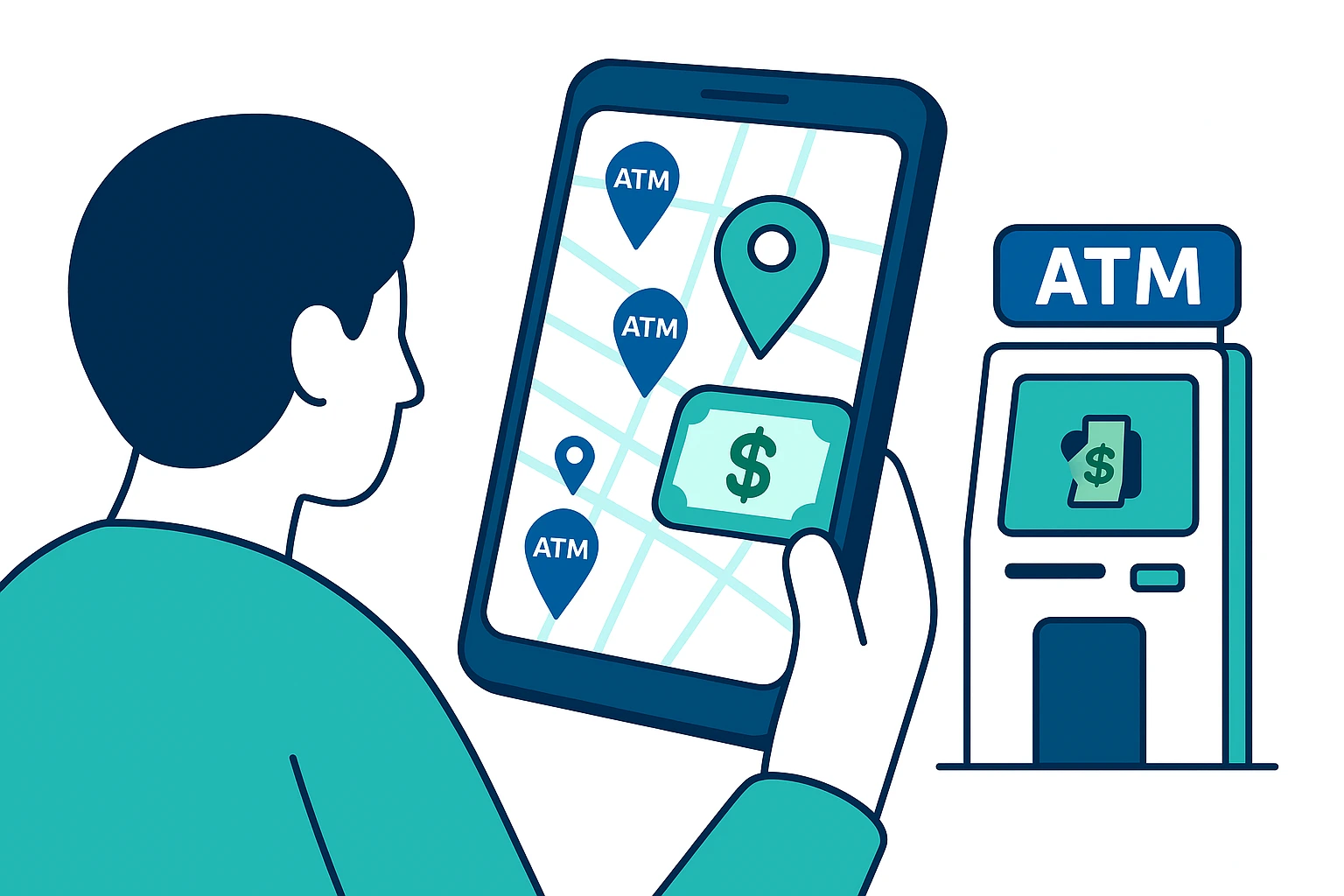 flat illustration of a person using a smartphone to locate nearby atms on a map with simple banking