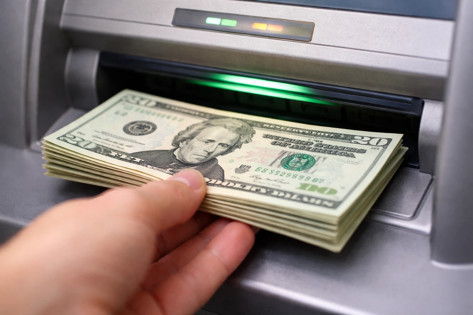 ATM dispensing $20 bills during a cash withdrawal